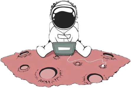 An astronaut sitting on a rose-coloured moon with a laptop